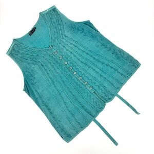 Papa Teal Embroidered Stripe V-Neck Button Front Tie Back Sleeveless Top, Medium